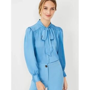 NWT Ann Taylor Blue Tie-Neck Bow Blouse Dressy Office Business Casual Womens XXS